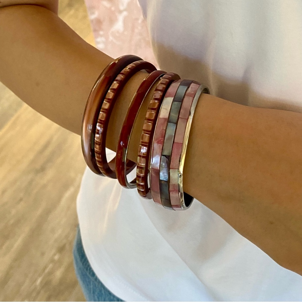 Vintage Set Sterling Silver Shell, Plastic, Enamel Bangles.